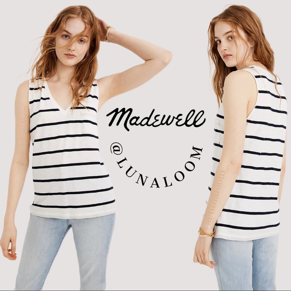 Madewell 🆕 | Whisper Cotton V-Neck Pocket Tank in Creston Stripe.